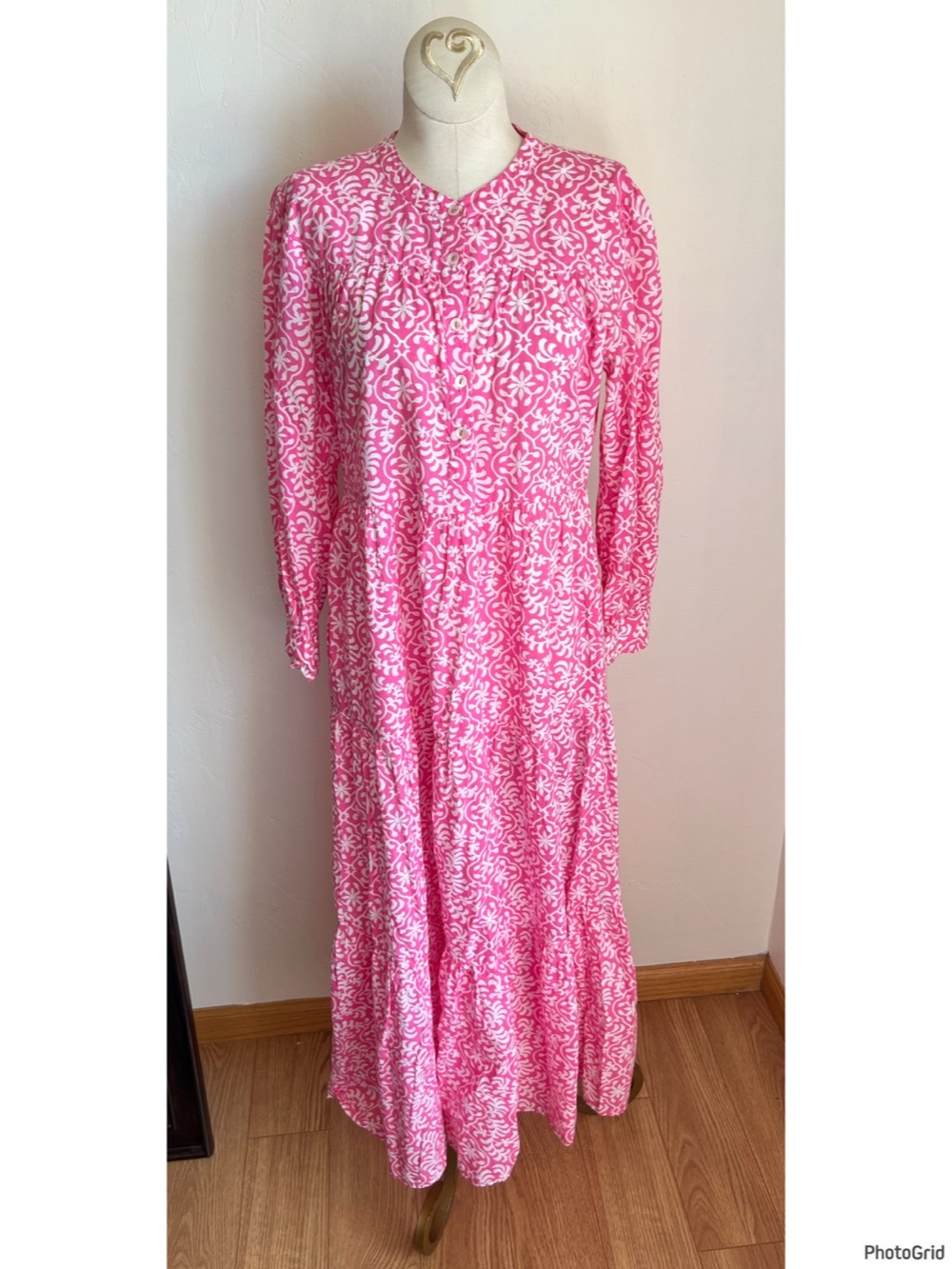 Pink City Prints Pink White Print Maxi Dress Small